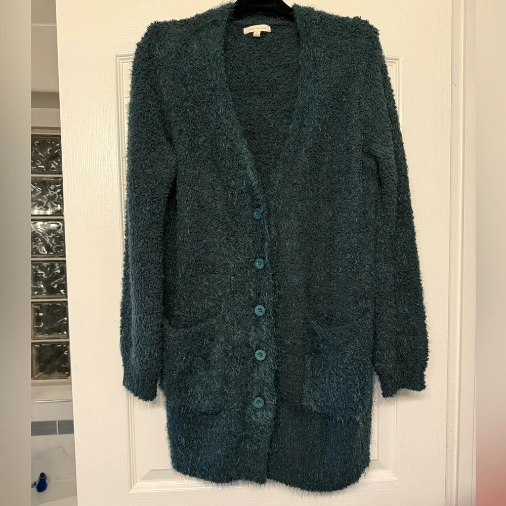 Skies Are Blue Cozy Dark Green Button-Up 3/4 Length Long Cardigan